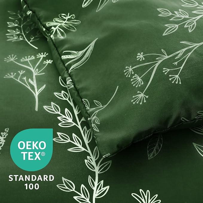 MUXHOMO Dark Green Cal King Comforter Set, Elegant Floral Print Bed in a Bag 7 Pieces, Ultra Soft & Breathable Reversible Botanical Pattern Bedding Set with Comforter, Sheets, Pillowcases, and Shams