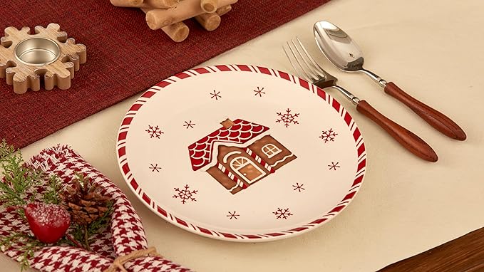 Bico Traditional Christmas Gingerbread Man Ceramic 8.75 inch Holiday Salad Plates Set, Set of 4, for salad, appetizer, tapas, Microwave and Dishwasher Safe, Scratch Resistant