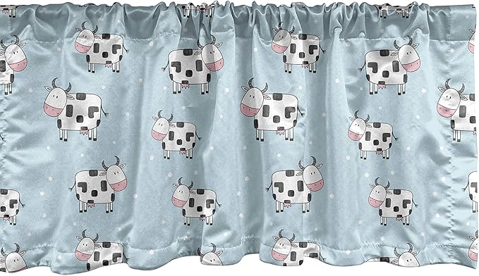 Lunarable Cows Window Valance, Repetitive Animal in Cartoon Style Farm Creatures, Curtain Valance for Kitchen Bedroom Decor with Rod Pocket, 54" X 12", Blue Pink