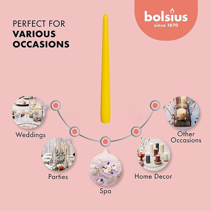 BOLSIUS Yellow Taper Candles - 4 Pack Unscented 10 Inch Dinner Candle Set - 8 Hours Burn Time - Premium European Quality - Smokeless and Dripless Household Wedding, Party, and Home Decor Candlesticks