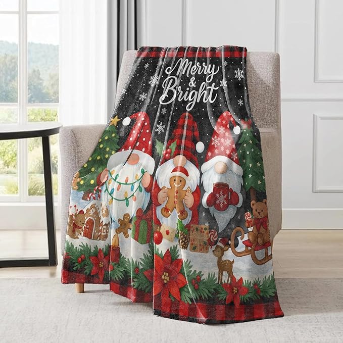 Gnome Christmas Decorative Throw Blanket, Merry Bright Red Black Plaid Gingerbread Print Decoration, Flannel Winter Blankets for Couch Sofa, Holiday Home Decor, Xmas Festival Gifts 50x60 Inch