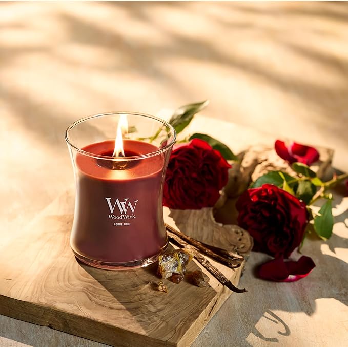 WoodWick Rouge Oud Medium Hourglass Candle, Crackles as it Burns, Up to 65 hrs Burn time, Perfect for Gifting, 9.7 oz