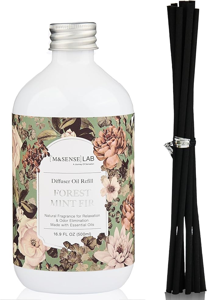 M&SENSE Reed Diffuser Oil Refill, 16.9 Fl Oz with 10 Hollow Reed Sticks, Forest Mint Fir Scent Home Fragrance, Scented Oil Refills, Natural Essential Oils for Diffusers, Décor for Home Spa Office