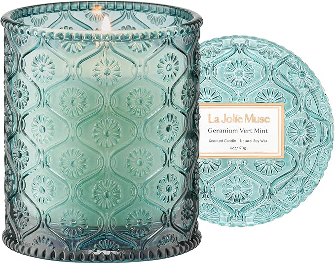LA JOLIE MUSE Geranium Vert Mint Candle - Mint, Geranium, Lavender | 6 oz Natural Soy Wax | 40 Hours Clean Burn | Fresh Scented Candle | Gift-Ready for Hosts & Gatherings