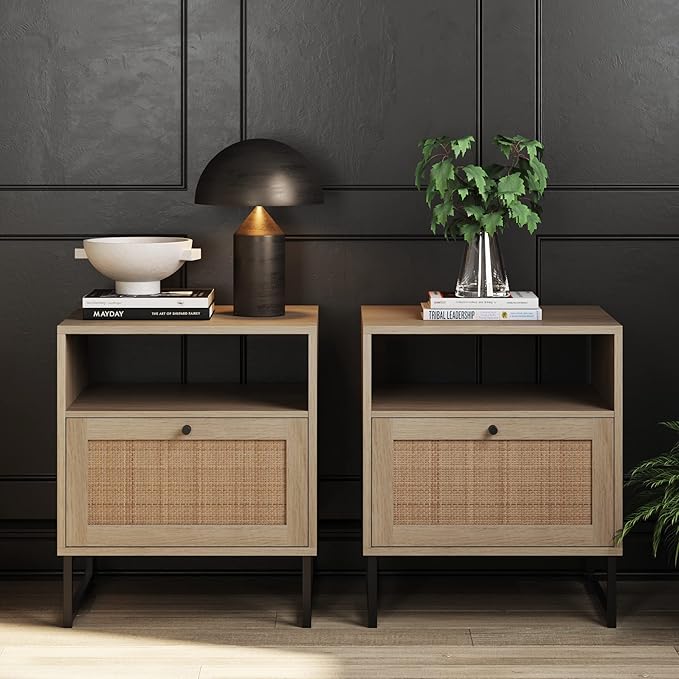 Nathan James Mina Side, End or Accent Table in a Natural Oak Wood Finish & Matte Black Accents with Storage for Living Room or Nightstand for Bedroom, Oak/Black, Set of 2