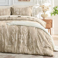 MUXHOMO Taupe Full Comforter Set, Elegant Floral Print Bed in a Bag 7 Pieces, Ultra Soft & Breathable Reversible Botanical Pattern Bedding Set with Comforter, Sheets, Pillowcases, and Shams