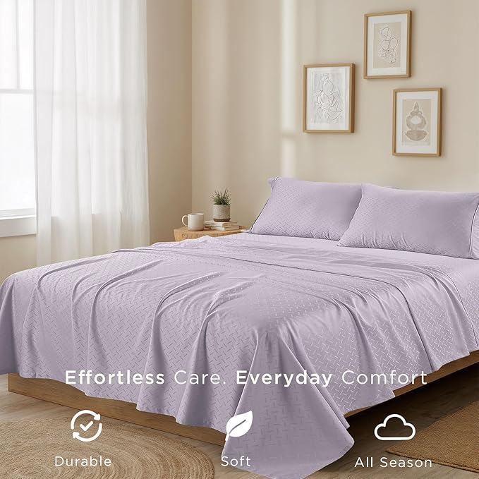 Threadmill Cotton Twin XL Sheet Set | 100% Cotton Sheets for Twin XL Size Bed | Damask Jacquard Sateen Twin XL Bed Sheets Set with 16” Deep Pocket | Soft Breathable 3-Piece Cooling Sheet Set | Lilac