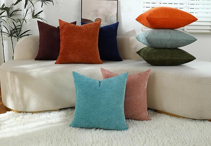 Hunter Green Chenille Decorative Couch Throw Pillow Covers, Soft Cushion Cases for Home Livingroom Sofa Décor, Pack of 2, 18 x 18 Inches