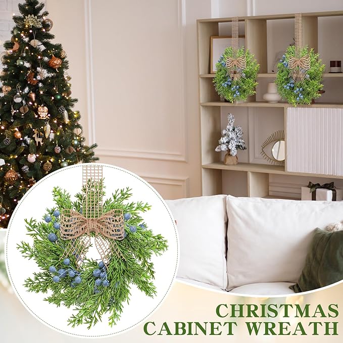 8 Pcs Small Vintage Christmas Cabinet Wreath Artificial Blue Berry Mini Kitchen Wreaths with Retro Burlap Ribbon for Farmhouse Rustic Home Front Door Window Wedding Chair Wall