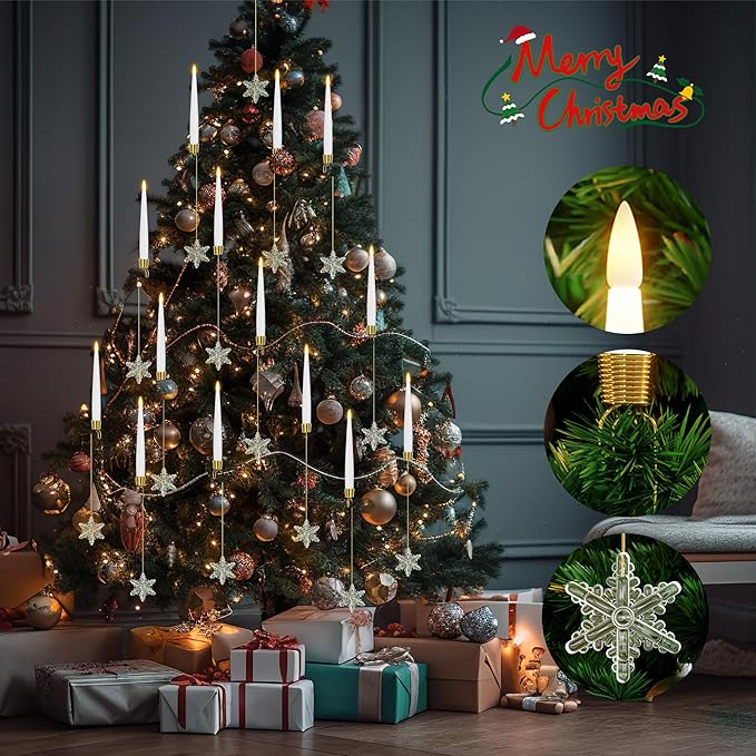 Flameless Taper Candles for Christmas Tree Decorations, Battery Operated Christmas Candles with Remote, 12 Pack Flickering LED Candlesticks with Clear Snowflake Hooks for Xmas Tree Decoration