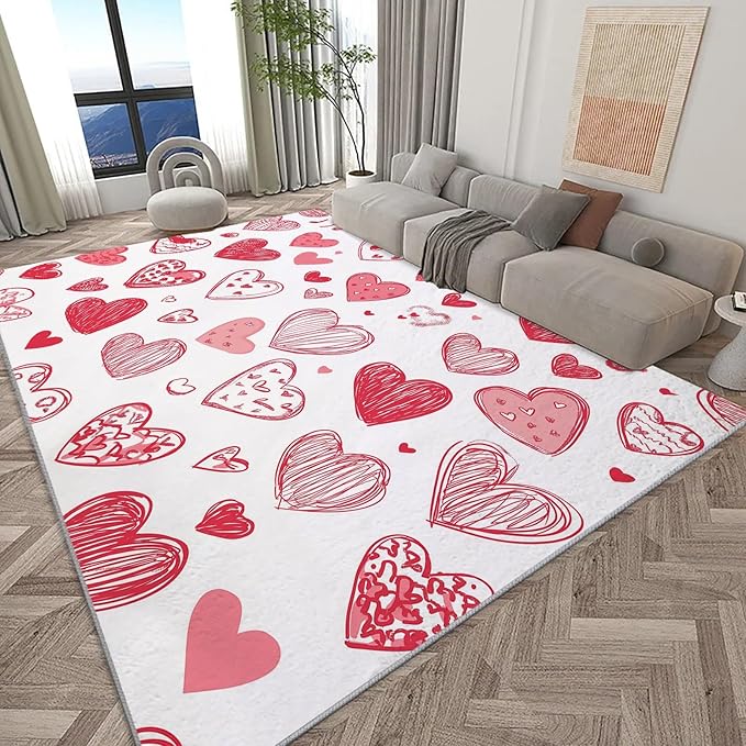 Washable Area Rug 3x5 ft Cartoon Hand-Painted Red Love Area Rug for Living Room, Soft Low Pile Rugs, Non-Slip Carpet, Home Decor Floor Rug for Bedroom Dining Room Kitchen