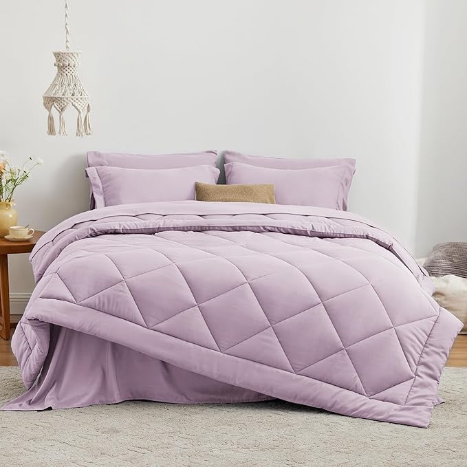 Love's cabin Twin Comforter Set Light Purple, 5 Pieces Twin Bed in a Bag, All Season Bedding Sets with 1 Comforter, 1 Flat Sheet, 1 Fitted Sheet, 1 Pillowcase and 1 Pillow Sham