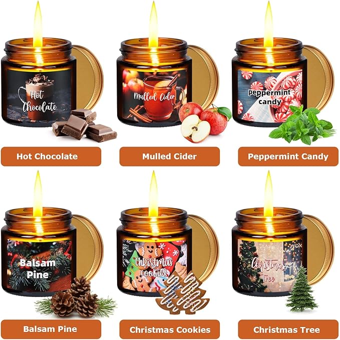 6 Pieces Christmas Scented Candle Christmas Candle Gift Set Christmas Tree,Cookies,Candy,Pine,Chocolate,Mulled Cider Candle for Christmas Decoration