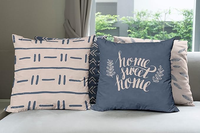 Ambesonne Modern Throw Pillow Cushion Case Pack of 4, Scandinavian Minimal Ornaments Boho Feather Leaves and Home Phrase, Modern Accent Double-Sided Digital Printing, 16", Pale Tan and Slate Blue