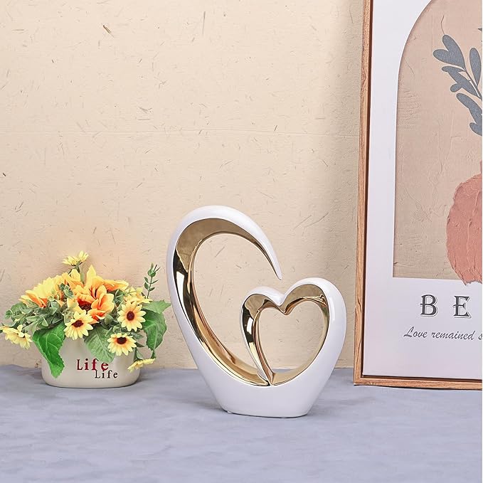 LCCCK Porcelain Double Heart Decor,White and Gold Sculpture Home Decor for Living Room Entryway Coffee Dining Table Shelves, Wedding Anniversary, Valentine's Gift for Couples & Lovers Modern