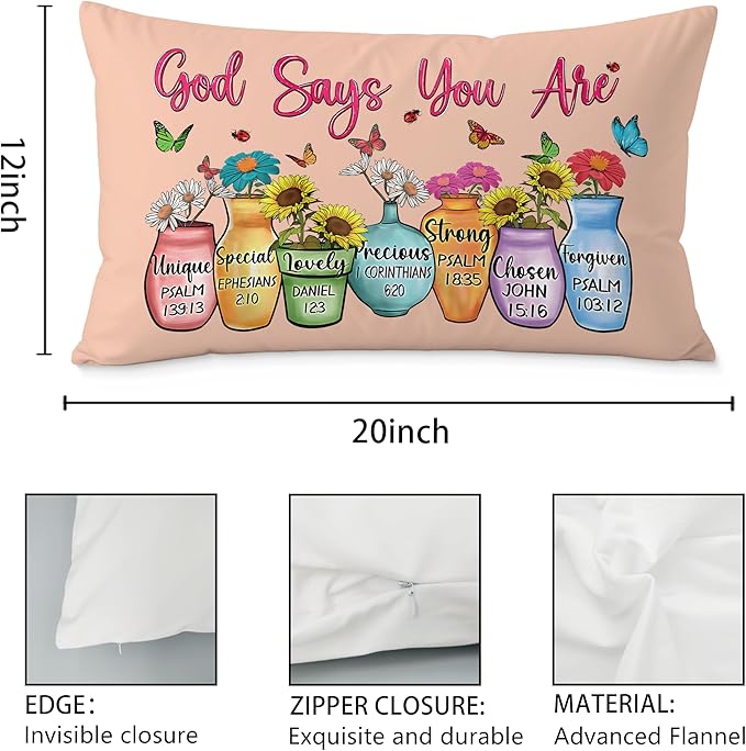 God Says You are Christian Floral Butterfly Pilow Covers 12x20, Christian Faith Based Gifts for Women, Inspirational Bible Verse Pillow Covers for Girls Room Dorm Apartment(Pink)
