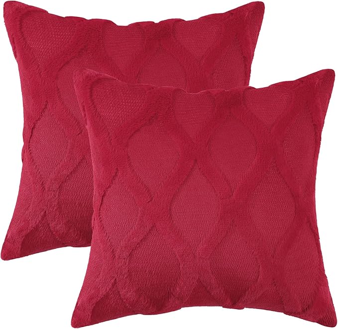 decorUhome Christmas Throw Pillow Covers 22x22 Inch Set of 2, Soft Plush Faux Fur Wool Red Couch Pillow Covers, Decorative Neutral Pillow Cases for Bed Sofa Living Room Home Decor