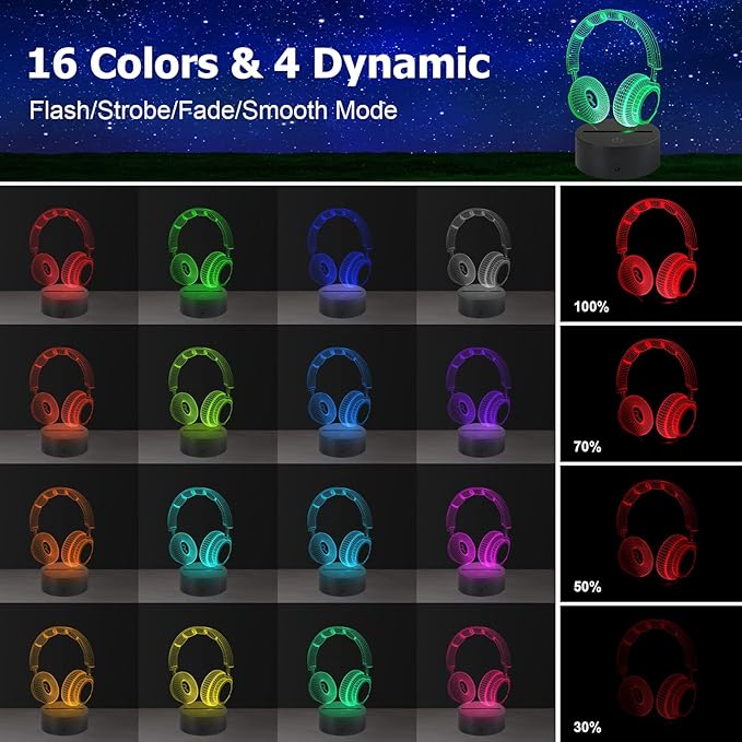 AZIMOM Headphone Headset 3D Illusion Lamp 16Color Night Light,Smart Touch Sensor & Remote Control Bedside Lamps Home Decoration Kids Boys Girls Women Birthday Gifts