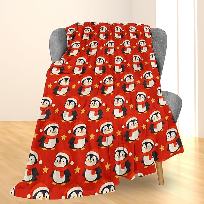Christmas Penguin Blanket, Soft Lightweight Flannel Cute Penguins Throw Blanket for Couch, Bed, Travel & Decor Gifts, Cozy Warm Fuzzy Holiday Blankets for Adults Women Girls Kids 50×40 in