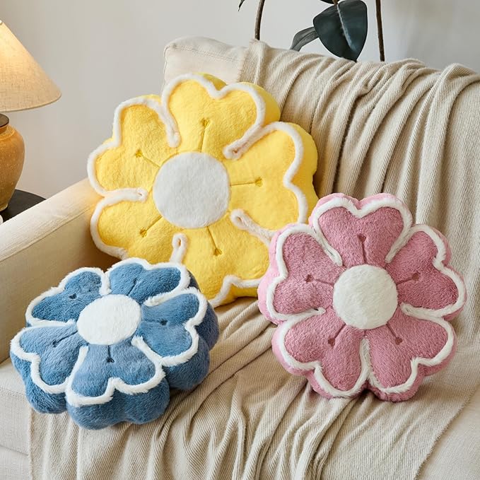 Flower Shaped Decorative Throw Pillow Cushion for Bed Couch, Cute Flower Plush Throw Pillows Home Decor Floor Pillow Seating Cushions (Grey Pink, 13.7 Inches)