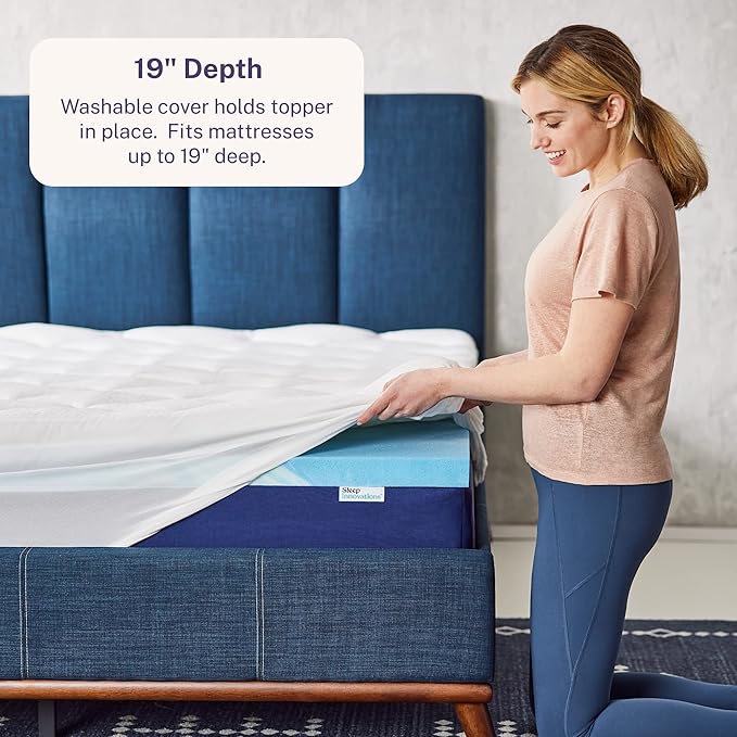 Sleep Innovations Cooling Comfort Gel Memory Foam Dual Layer Mattress Topper, 4 Inch, Queen Size, Pillow Top Cover