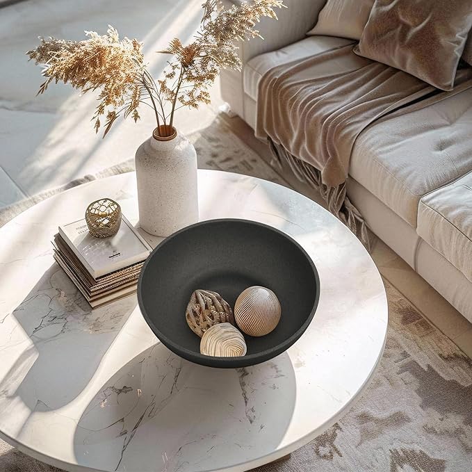 Large Decorative Resin Bowl, Modern Handicraft Bowls for Home Decor, Decorative Fruit Bowl for Kitchen Counter, Stylish Key Bowl for Entry Table, Artificial Stone Black
