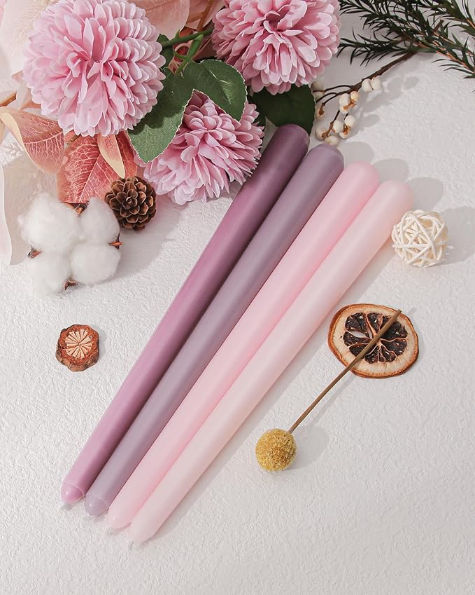 Viyffo Taper Candles 10 Inch Pink with a Purple Hue Set of 4 Unscented, Dripless, Smokeless Long Tall Tapered Candlesticks Wedding Home Decor Dinner Natural Color Series