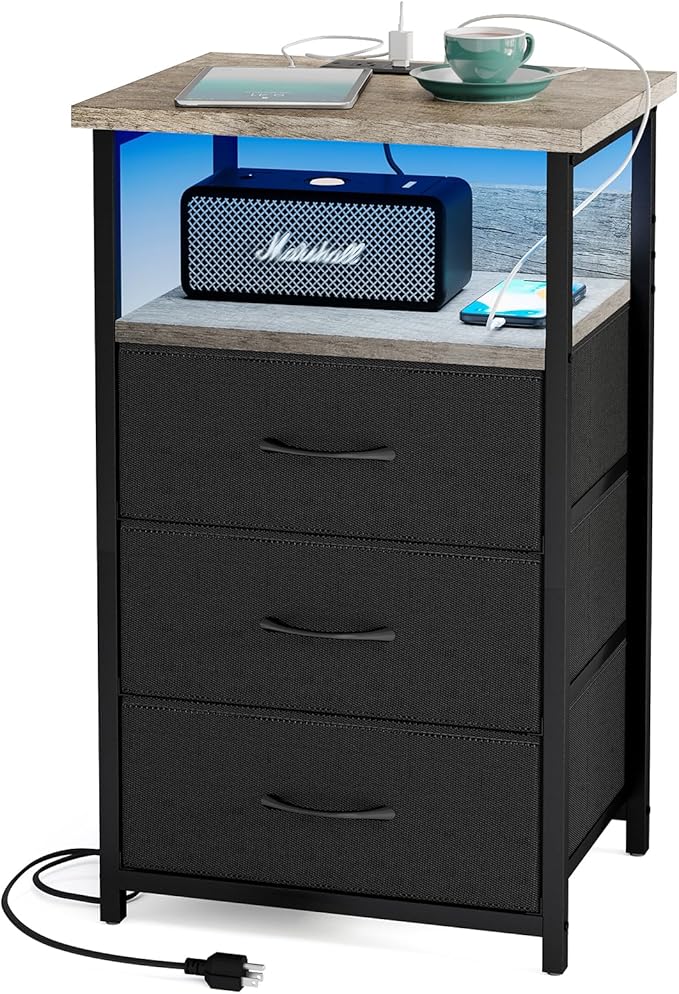 Fixwal Night Stand with Charging Station, LED Nightstand with Fabric Drawers, End Table with PU Finish, Bed Side Table, French Oak