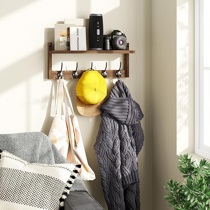 AMBIRD Wall Hooks with Shelf - Wooden Entryway Organizer with 5 Dual Hooks, Retro Wall-Mounted Coat Hook Rack for Bathroom, Living Room, Bedroom (17.12 Inch)