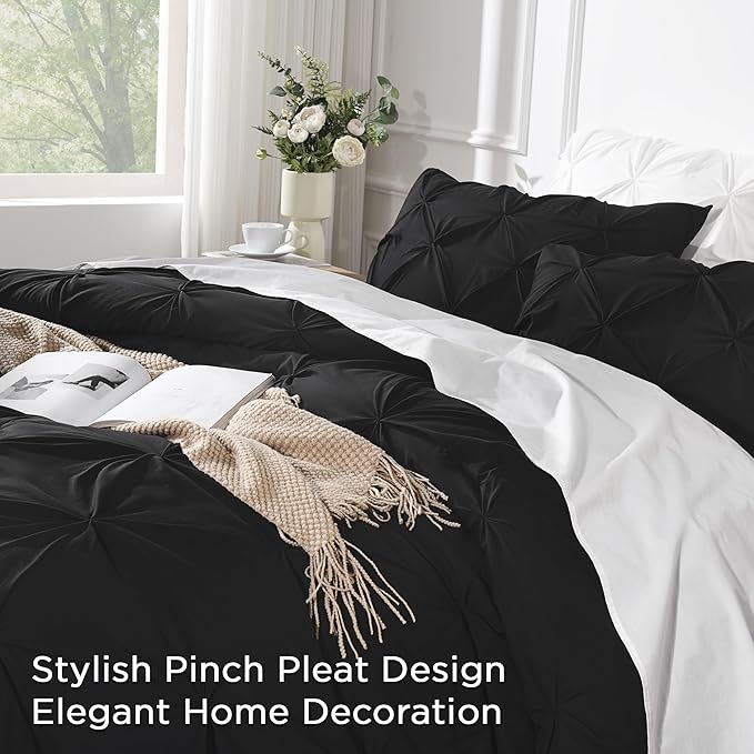 Andency Black Pinch Pleat Comforter Queen(90x90Inch), 3 Pieces(1 Pintuck Comforter and 2 Pillowcases) Pintuck Comforter Set, Microfiber All Season Down Alternative Bedding Set