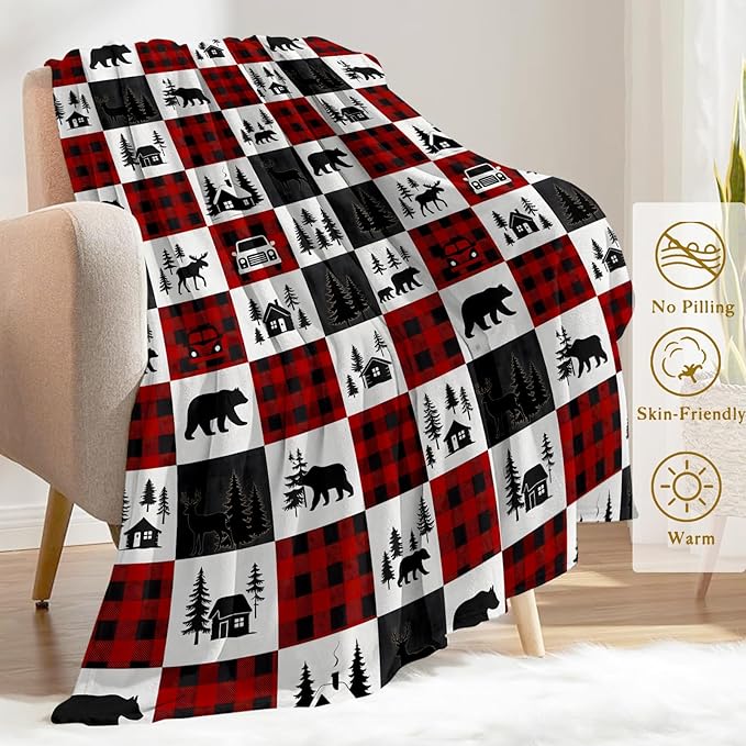 Christmas Decorative Blanket, Bear Deer with Cabin Tree Plaid Truck Print Throw Decoration, Soft Flannel Winter Blankets for Couch Bed Sofa, Holiday Home Decor, Xmas Festival Gifts 40x50 Inch