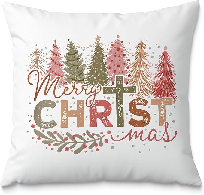 Christian Christmas Pillow Covers 18x18, Retro Christmas Trees Cross Decorative Pillow Covers for Couch, Christian Christmas Decor, Christmas Decorations for Living Room Bedroom Home