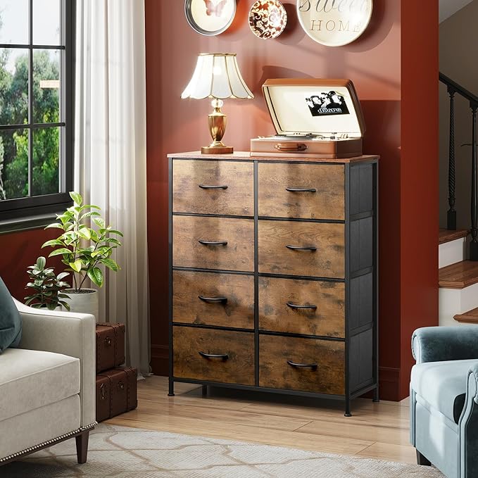 WLIVE Fabric Dresser for Bedroom, Tall Dresser with 8 Drawers, Storage Tower with Fabric Bins, Double Dressers, Chest of Drawers for Closet, Living Room, Hallway, Dorm, Rustic Brown Wood Grain Print