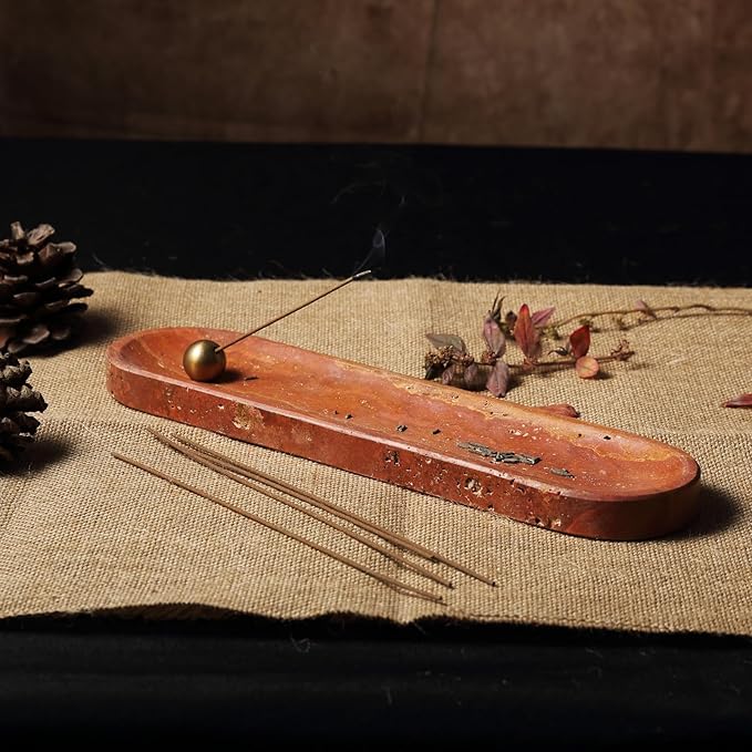 Koville Red Travertine Incense Holder, Incense Holder for Sticks, Natural Stone Incense Burner Ash Catcher for Meditation Yoga SPA, Balsam Fir/Palo Santo/Sage/Cone, Home Table Decor