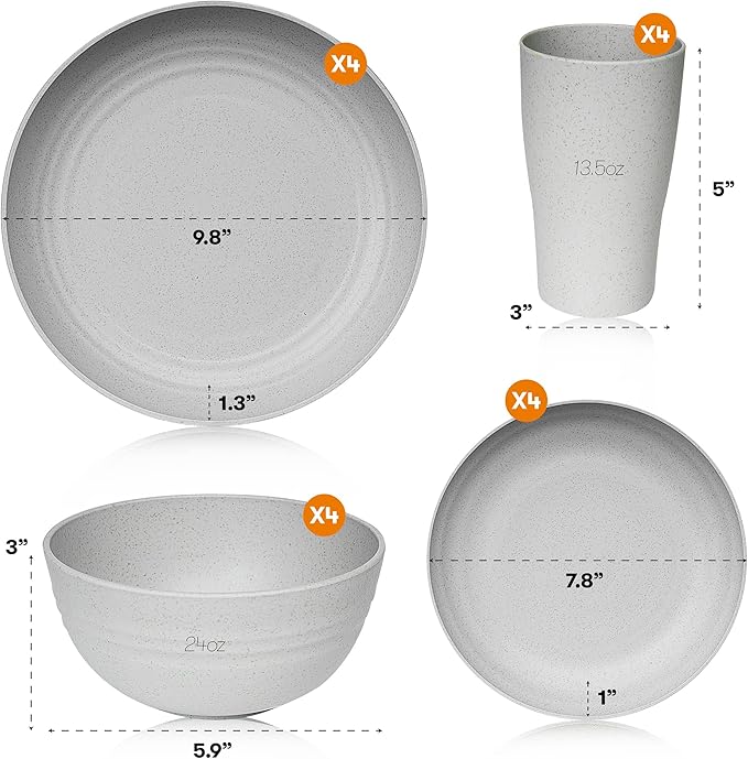 Wheat Straw Dinnerware Sets | Unbreakable Dinnerware Sets | Dishwasher Microwave Safe Dinnerware | Eco Friendly Non Breakable Dinnerware Sets | RV Outdoor Camping (Grey, Service for 4 (16 pcs))