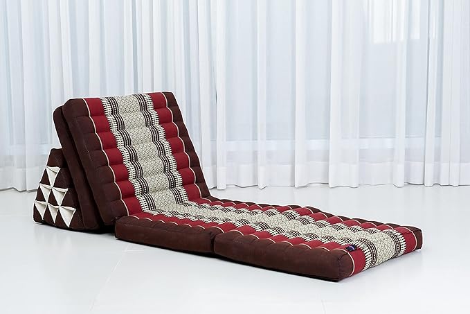 Leewadee Comfortable Japanese Floor Mattress - Thai Floor Bed with Triangle Cushion - Futon Mattress - XL Extra Long Thai Massage Mat, 89 x 20 inches, Brown Red, Kapok Filling
