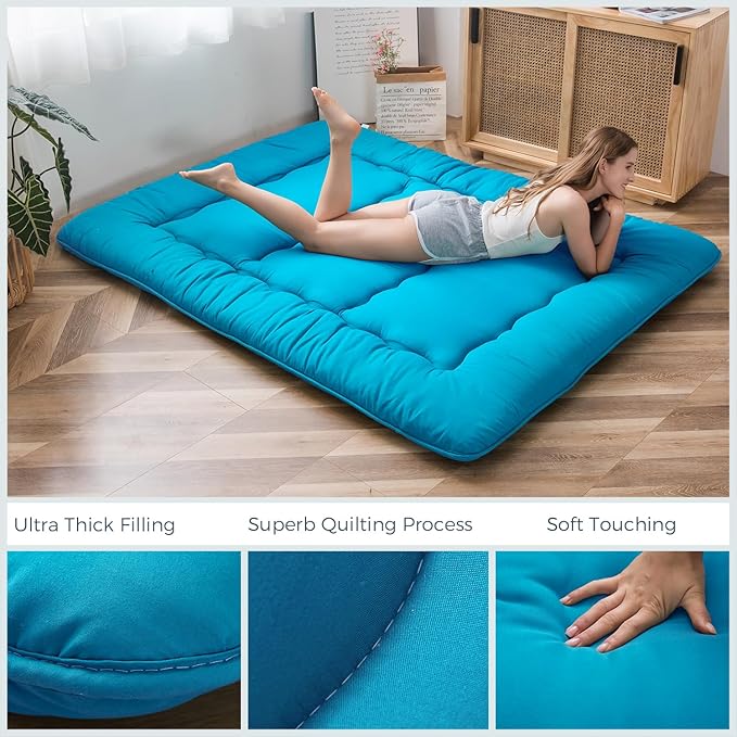 MAXYOYO Japanese Floor Mattress Futon Mattress, Thicken Tatami Mat Sleeping Pad Foldable Roll Up Mattress Boys Girls Dormitory Mattress Pad Kids Floor Lounger Bed Couches and Sofas, Turquoise, Full