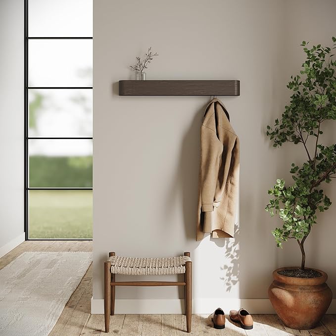 Kazai. Wall-Mounted Coat Rack 'Toke' - Modern Design Coat Rack with Hidden Wall Hooks - Solid Wood Veneer Panel Coat Hanger - Oak, Dark