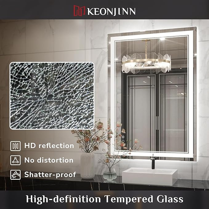 Keonjinn LED Mirror for Bathoom 20 x 28 Inch, Bathroom Mirror with Front Lights, Shatter-Proof Tempered Glass, UL-Listed LED Driver, Anti-Fog, Dimmale 6000K, Easy Installation(Horizontal/Vertical)