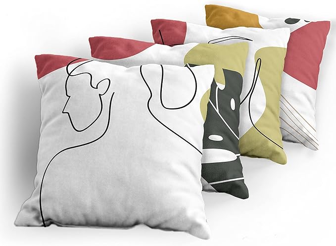 Ambesonne Minimal Throw Pillow Cushion Case Pack of 4, Modern Line Art Woman Portrait Contemporary Leafy Geometric Details, Modern Accent Double-Sided Digital Printing, 24", Olive Green and Dark Coral