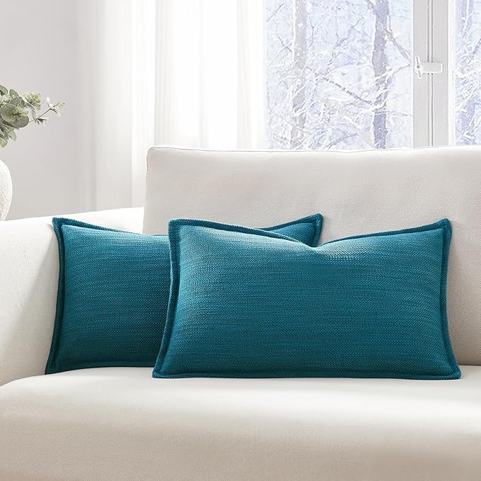 Meekio Set of 2 Teal Pillow Covers 16x16, Linen Look Throw Pillow Covers with Flange Edge for Sofa Couch Living Décor