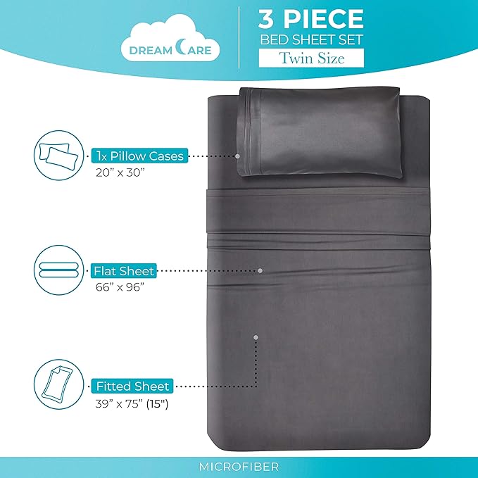 DREAMCARE Twin Sheets Set – 3pcs Cooling Sheets – up to 15” Deep Pocket Twin Sheet Set – Hotel Luxury Sheets & Pillowcases – Superior Softness 100% Fine Microfiber with Side Pocket – Gray