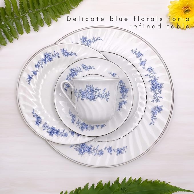Lynns Paradise Royal Rose Floral 45-Piece Dinnerware Set | Silver Trim | Embossed Swirl | Plates & Bowls Sets | Apartment Essentials | Home Kitchen Accessories | Floral Print