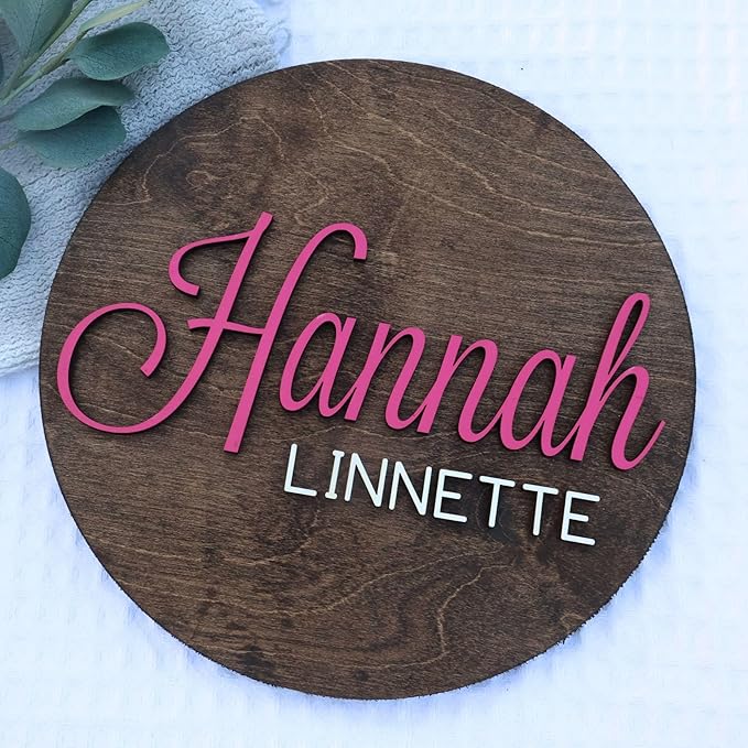 Custom Round Nusery Name Sign, Personalized 3D Baby Name Announcement Sign, Personalized Wooden Wall Plaque, 3D Wall Art for Children & Kids Rooms, Family Name Signs, 30 Colors (Design 3)