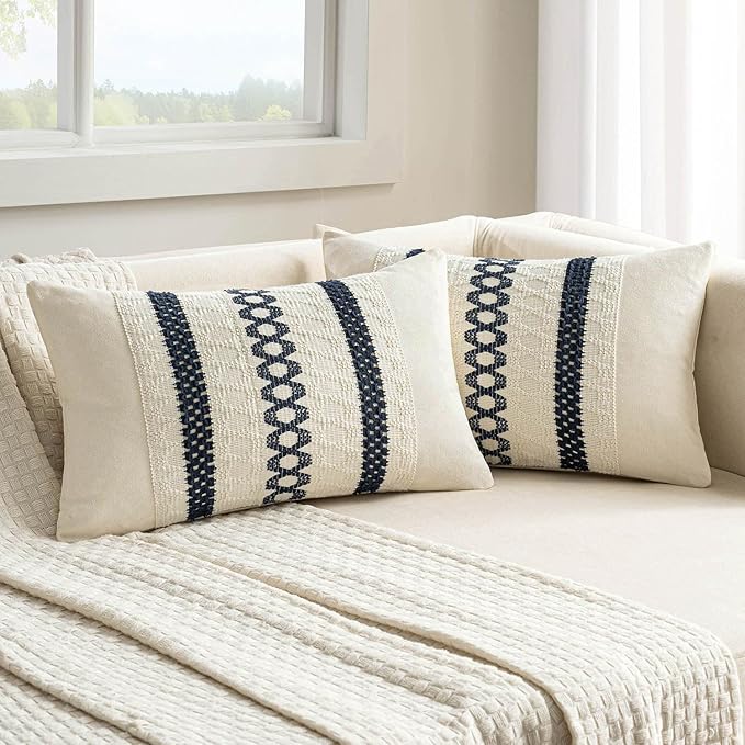 MIULEE Set of 2 Navy Blue Boho Decorative Lumbar Pillow Covers 12x20 Inch Farmhouse Rustic Couch Throw Pillows Modern Cotton Cushion Covers Retro Cute Macrame Woven Home Decor for Bed Sofa Chair