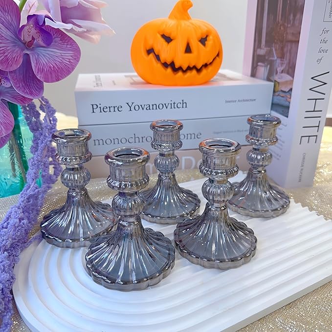 Glass Candlestick Holder,Striped Taper Candle Holders,Set of 6 Candle Stand for Table Centerpieces, Home Decor,Weddings,Festival and Parties (Grey Stripe Pattern)