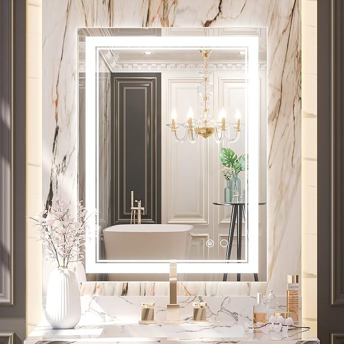 Keonjinn LED Mirror 24 x 32 Inch, Lighted Bathroom Vanity Mirror for Wall, Fronlit Only, HD Tempered Glass, UL-Listed LED Driver, Anti-Fog, Dimmale 6000K, Easy Installation(Horizontal/Vertical)