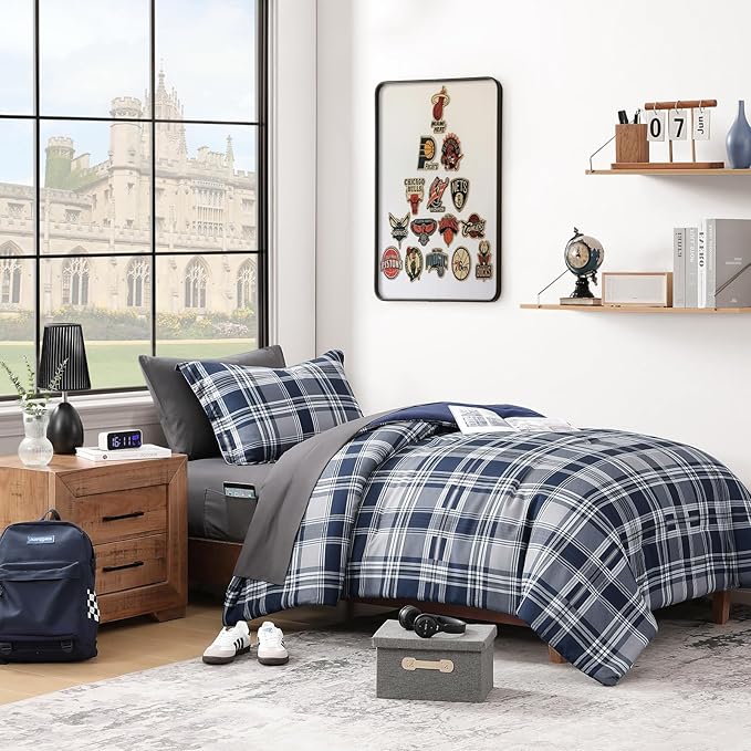 MaiRêve Navy Blue Twin XL Comforter Set, Twin XL Bedding Sets for Boys Girls 5 Pieces for Dorm Farmhouse All Season Lightweight &Comfy with Fitted Sheet, Flat Sheet (Navy Blue, Twin XL, 66"x90")