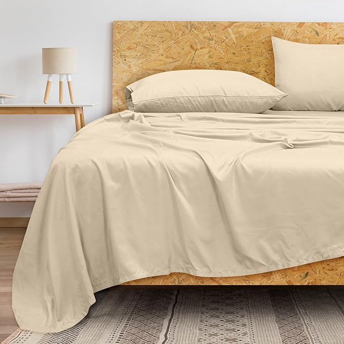 Royale Linens 300 Thread Count 100% Long Staple Combed Cotton Flat Sheet - Super Soft - Top Sheets - Full Flat Sheet Sold Separately - Breathable, Cool & Crisp Percale Sheets Only (Full, Cream)