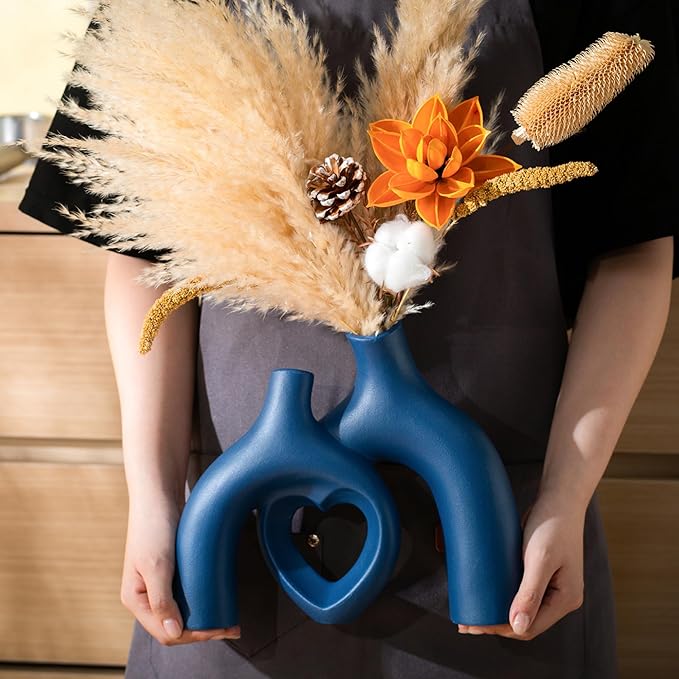 Snuggle Hollow Ceramic Decorative Vase, Modern Minimalist Nordic Boho Ins Style Vases for Home Decor Living Room Shelf Entryway Coffee Table or Console Décor (Matte Navy Blue)